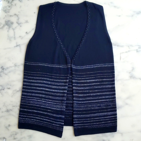 Beads Décor V-Neck Black Lightweight Sweater Vest with Sparkle Silver Stripes. - Picture 3 of 5